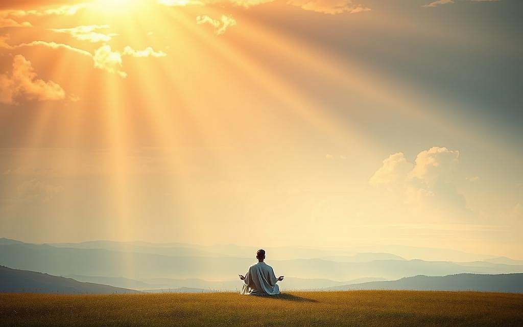 A tranquil, ethereal landscape infused with a sense of spiritual contemplation. In the foreground, a serene figure sits in a meditative pose, their robes flowing gently in a soft breeze. Rays of warm, golden light filter through wispy clouds, casting a divine glow upon the scene. In the middle ground, abstract geometric forms emerge, representing the interplay between the rational and the mystical. The background blends seamless horizons and hazy, dreamlike elements, evoking a sense of the infinite and the divine. The overall composition conveys a harmonious balance between the intellectual pursuit of hermeneutics and the profound inner journey of spirituality.