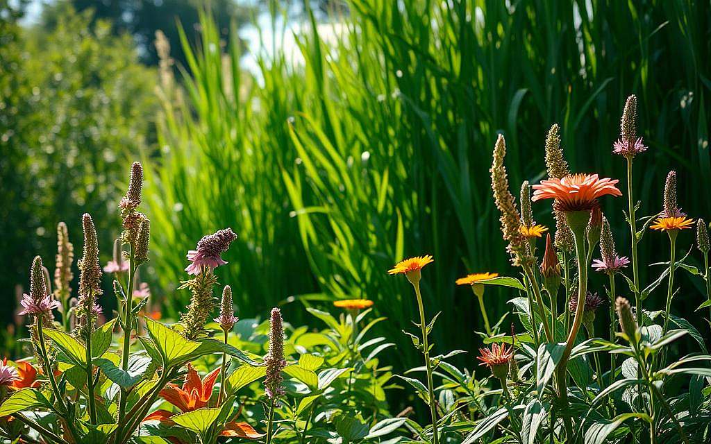 A tranquil garden scene, bathed in soft, natural light. In the foreground, an array of vibrant medicinal plants, their leaves and flowers rendered in intricate detail. Tall, lush greenery forms a verdant backdrop, suggesting an abundance of botanical diversity. The composition is balanced, with a harmonious interplay of textures, shapes, and colors. The overall mood is one of serenity and contemplation, inviting the viewer to appreciate the restorative power of nature's bounty. A sense of wonder and discovery pervades the scene, capturing the essence of "Heilpflanzenforschung" - the study and exploration of the healing properties of plants.
