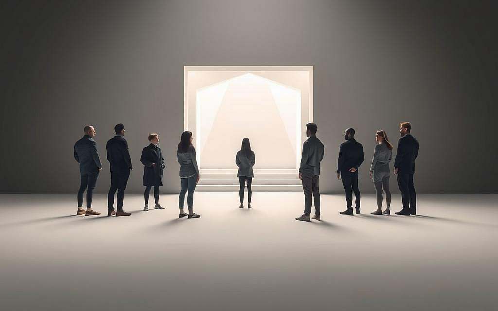A tranquil, minimalist setting with muted colors and clean lines. In the foreground, a group of individuals stand apart from one another, their body language conveying a sense of independence and nonconformity. The middle ground features an open, airy space, hinting at the freedom to explore alternative paths. In the background, a softly lit, geometric architectural structure suggests a framework for contemplation and personal growth. The overall mood is one of clarity, contemplation, and the power of the individual to resist conformity.