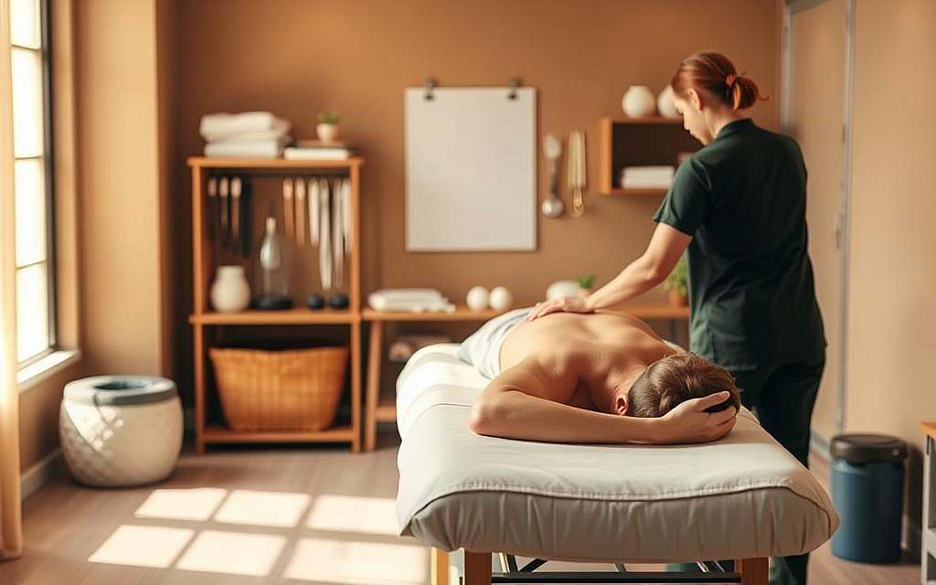 A tranquil osteopathy treatment room with warm, natural lighting. In the foreground, a patient resting comfortably on a padded table, their body gently aligned by the skilled hands of an osteopath. The middle ground showcases various therapeutic tools and instruments, meticulously arranged, conveying a sense of care and precision. The background features soothing earth-toned walls, accentuating the holistic, calming atmosphere. The scene radiates a harmonious blend of professionalism and personalized attention, capturing the essence of the three pillars of osteopathic treatment: manual manipulation, holistic approach, and patient-centered care.