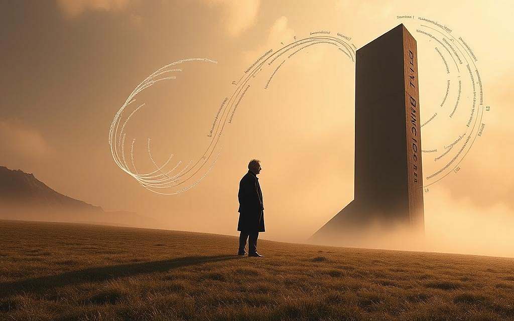 A tranquil philosophical landscape, where the shadowy figure of Martin Heidegger stands amidst a swirling vortex of abstract thought. The foreground is dominated by a towering, monolithic structure representing Heidegger's seminal work "Being and Time," its angular forms and sharp edges reflecting the complexity of his ontological analysis. In the middle ground, ghostly wisps of text and symbols dance around the philosopher, hinting at the critical reception and spiritual reinterpretations of his ideas in the present day. The background fades into a hazy, ethereal realm, suggesting the profound and elusive nature of Heidegger's conception of Being. Warm, diffused lighting casts a contemplative atmosphere, while a wide-angle lens captures the breadth and depth of this philosophical exploration.