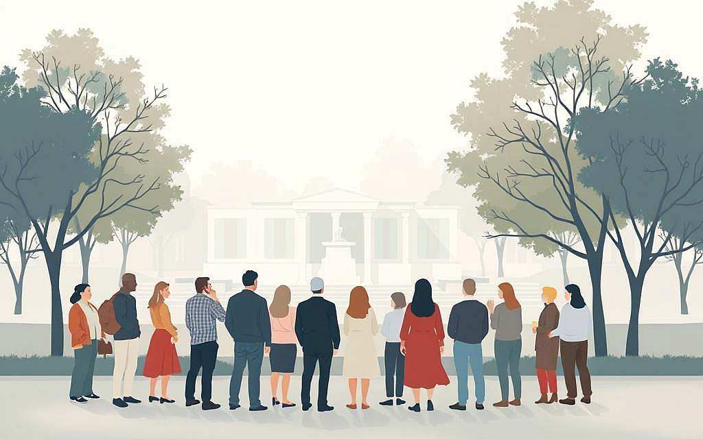 A tranquil scene depicting the concept of social identity. In the foreground, a group of diverse individuals stand united, their expressions and body language conveying a sense of connection and shared purpose. The middle ground features architectural elements, such as a simple yet elegant public gathering space, hinting at the social context that shapes their identities. In the background, a soft, diffused light filters through stylized trees, creating a calming, introspective atmosphere. The overall composition suggests the intricate interplay between the individual and the social environment, reflecting the nuances of "Soziale Identität."