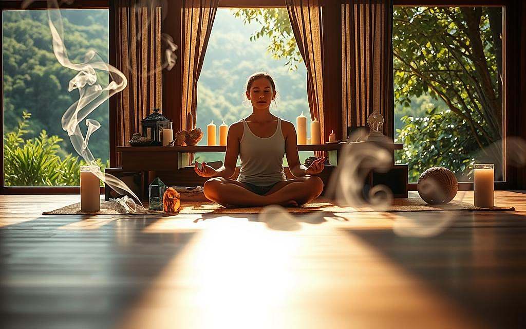 A tranquil scene of spiritual practices unfolds, bathed in warm, ethereal light. In the foreground, a person sits cross-legged, eyes closed, hands in a meditative pose. Wisps of incense curl through the air, creating a serene, contemplative atmosphere. Behind them, an array of crystals, candles, and other sacred objects are arranged on a wooden altar, casting gentle shadows. In the background, a lush, verdant landscape frames the peaceful setting, suggesting a connection to nature and the divine. The composition is balanced and harmonious, inviting the viewer to engage in a moment of introspection and self-discovery.