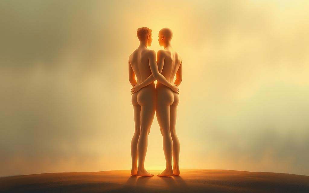 A tranquil scene of two interconnected human figures, representing the intersubjective experience of consciousness. The figures are rendered in a soft, impressionistic style, their bodies merged and blurred, symbolizing the shared, co-constructed nature of subjective experience. The background is a serene, dreamlike landscape with muted colors, evoking a sense of contemplation and the transcendence of individual boundaries. Warm, diffused lighting emanates from an unseen source, casting a gentle glow and fostering an atmosphere of unity and mutual understanding. The overall composition conveys the bridge between individual and collective awareness, the essential conduit of the phenomenological world.