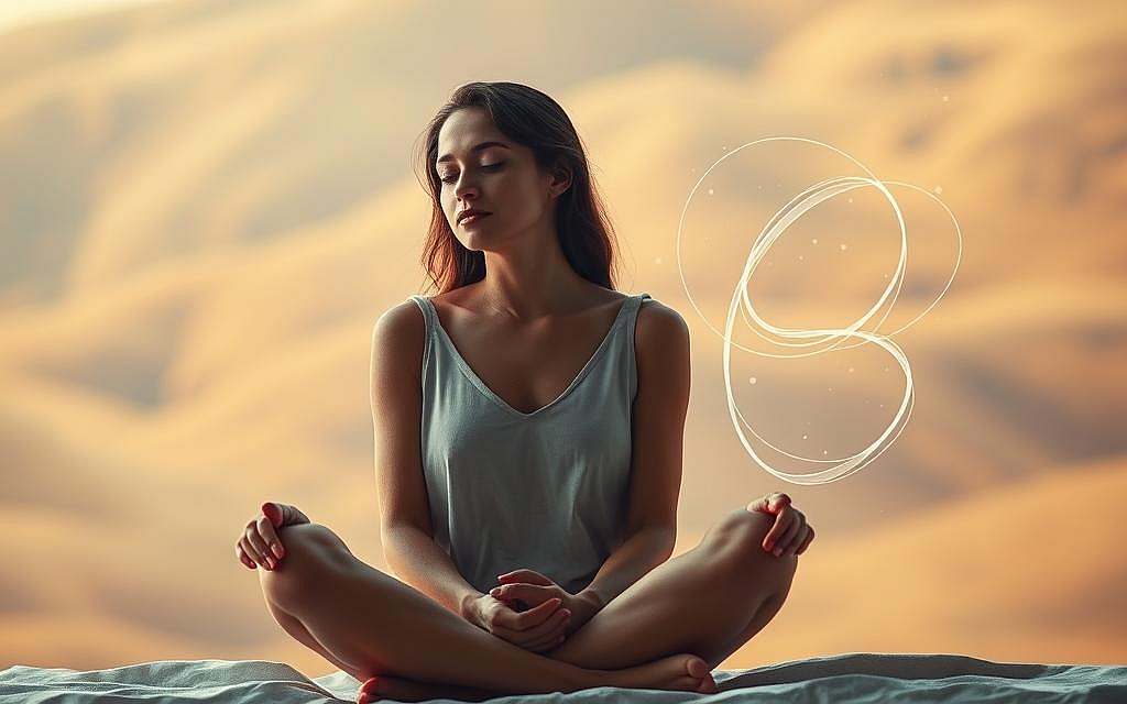 A tranquil, softly lit scene depicting a woman's inner journey towards secure attachment. In the foreground, she sits cross-legged, eyes closed, deep in contemplation, her expression serene. Gentle tendrils of light caress her face, illuminating the introspective mood. In the middle ground, ethereal wisps of energy swirl and converge, symbolizing the process of inner child work and the unfolding of new patterns of relating. The background features a warm, textured landscape, hinting at the depth and complexity of the psychological terrain being explored. The overall composition conveys a sense of introspection, growth, and the potential for healing and wholeness.