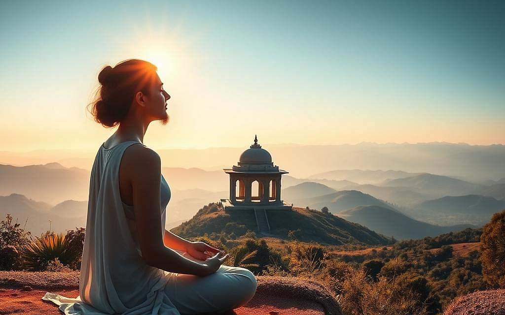 A tranquil, spiritual landscape depicting the divine essence within all humanity. In the foreground, a serene figure in a meditative pose, radiating an aura of inner peace and enlightenment. Soft, warm lighting illuminates the scene, casting a gentle glow. In the middle ground, a temple or sacred space, its architecture and design reflecting timeless, universal symbols of the divine. The background showcases a breathtaking natural setting - rolling hills, lush vegetation, and a clear sky transitioning from day to dusk, evoking a sense of expansive, timeless wonder. The overall atmosphere is one of reverence, introspection, and the profound recognition of the divine within all of existence.