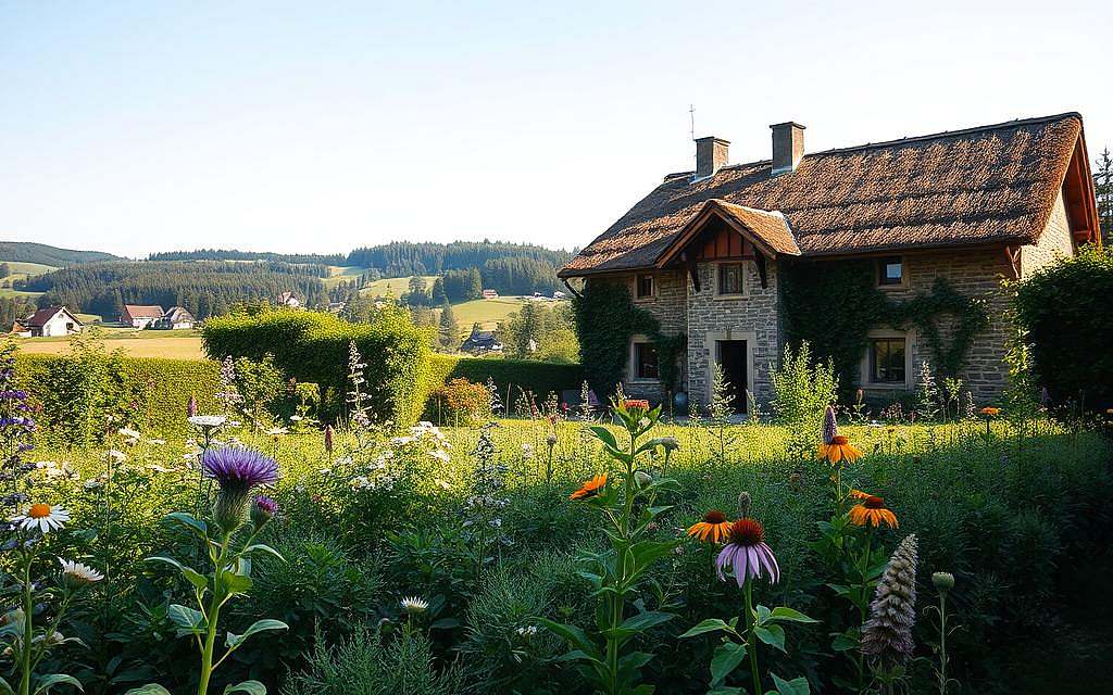 A tranquil, sun-dappled scene of a traditional German apothecary garden, surrounded by lush greenery and blooming medicinal herbs. In the foreground, rows of carefully tended plants like valerian, chamomile, and echinacea sway gently in a light breeze. The middle ground features a quaint stone building with a thatched roof, its windows framed by climbing vines. In the background, rolling hills dotted with forests and farmhouses create a serene, pastoral atmosphere. The lighting is soft and natural, with long shadows cast by the afternoon sun. An air of quiet contemplation and holistic healing pervades the scene, reflecting the challenges and opportunities of complementary medicine in modern Germany.