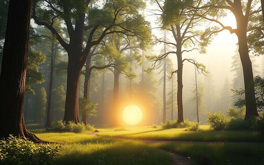 A tranquil, sun-dappled woodland scene. In the foreground, a glowing sphere of energy hovers above a small clearing, its radiant light casting a warm, healing glow over the surrounding foliage. In the middle ground, tall, ancient trees sway gently in a light breeze, their leaves rustling softly. The background is a hazy, dreamlike forest, with distant rays of sunlight filtering through the canopy, creating a serene, otherworldly atmosphere. The entire scene is imbued with a sense of harmony and balance, as if the energy sphere is connecting and harmonizing the natural elements. Precise, detailed 3D render, photorealistic, highly detailed, 8K resolution.