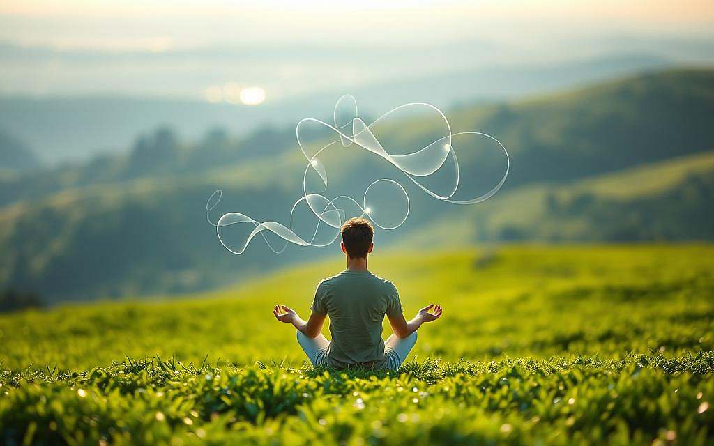A tranquil, verdant landscape bathed in soft, diffused light. In the foreground, a figure sits in a meditative pose, hands resting lightly on their lap. An aura of serenity and focus surrounds them, as if they are attuned to the flow of quantum energy. In the middle ground, delicate wisps of energy dance and intertwine, creating a captivating visual representation of the connection between consciousness and the unseen forces of the natural world. The background reveals a distant horizon, where the sky and earth blend seamlessly, hinting at the expansive, interconnected nature of all things. The overall mood is one of tranquility, introspection, and a profound sense of the underlying unity of all life.