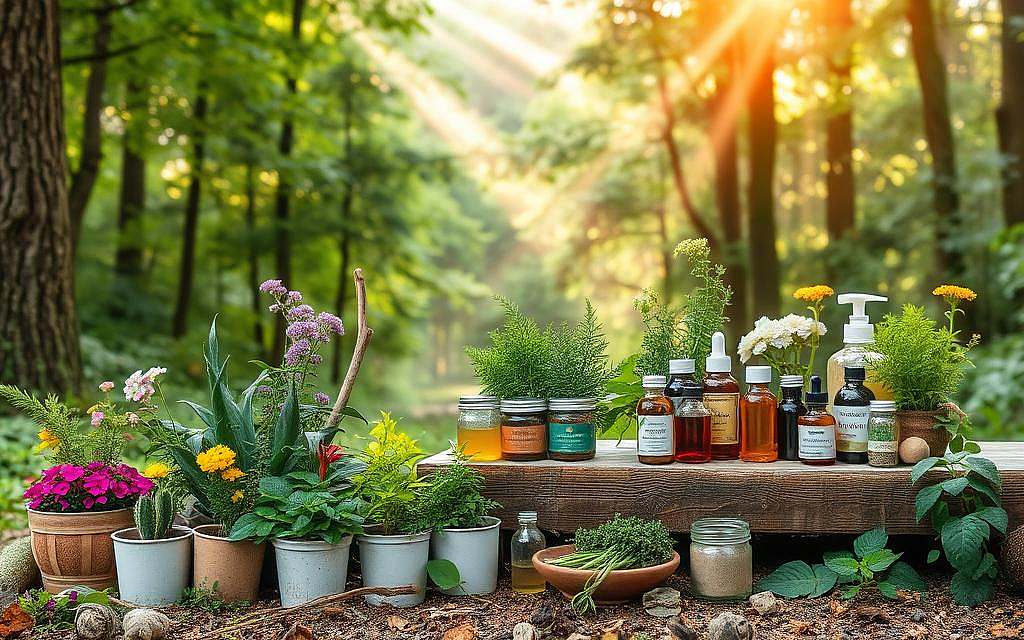 A tranquil, woodland setting with a diverse array of natural healing remedies. In the foreground, an assortment of potted herbs, flowers, and medicinal plants. Mid-ground, a rustic wooden table displaying various tonics, salves, and tinctures. In the background, a lush, verdant forest with shafts of warm, golden light filtering through the canopy. The scene evokes a sense of holistic wellness, highlighting the harmonious integration of traditional and alternative healing practices. The overall composition emphasizes the natural, organic nature of these alternative methods, conveying a soothing, restorative atmosphere.