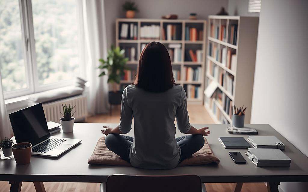 A tranquil workspace with a minimalist desk, featuring a laptop, a potted plant, and a neatly organized array of stationery. The lighting is soft and diffused, creating a serene, contemplative atmosphere. In the middle ground, a person sits cross-legged on a meditation cushion, deeply focused, their face obscured. In the background, a wall of bookshelves and a window overlooking a lush, verdant landscape, hinting at the connection between inner exploration and the natural world. The overall scene evokes a sense of introspection, goal-setting, and the pursuit of personal growth and fulfillment.