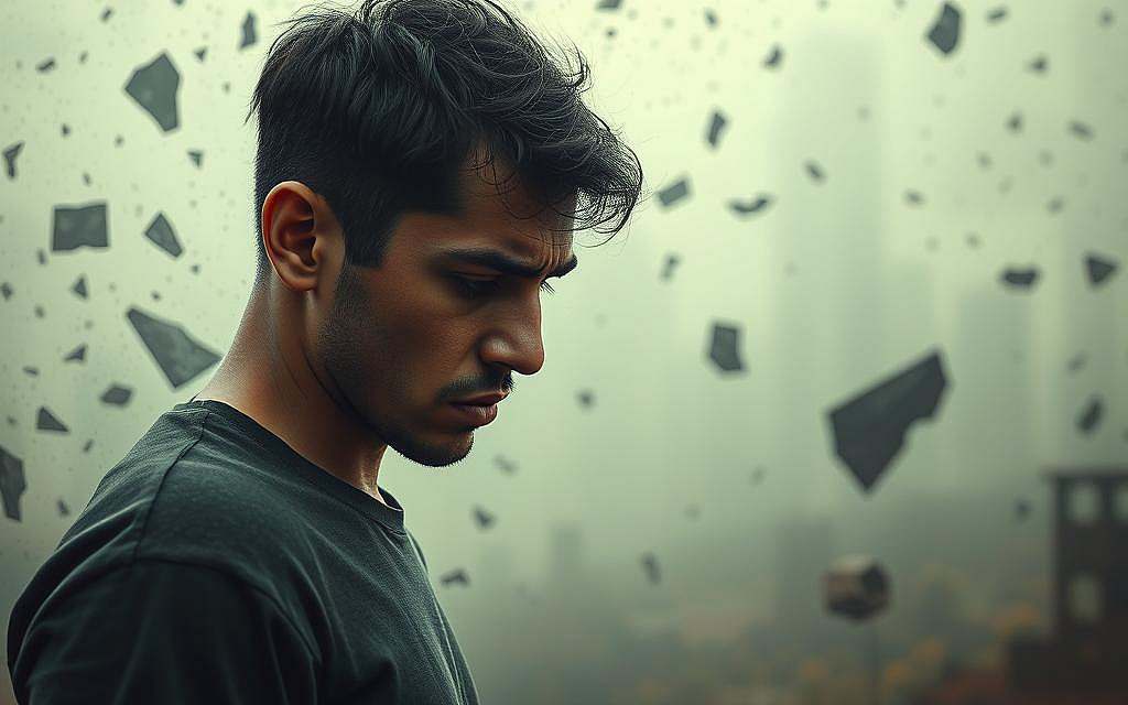 A troubled individual, lost in a swirling vortex of self-reflection, stands at the center of the frame. Their expression is one of deep contemplation, brow furrowed, eyes downcast, as they grapple with the complexities of their changing identity. The background is a hazy, dreamlike landscape, with fragmented shapes and muted colors that mirror the subject's internal turmoil. Soft, diffused lighting creates a sense of introspection, while the camera angle suggests a detached, observational perspective, allowing the viewer to bear witness to this personal struggle. The overall mood is one of introspection, uncertainty, and the search for a coherent sense of self amidst the ever-shifting nature of human experience.