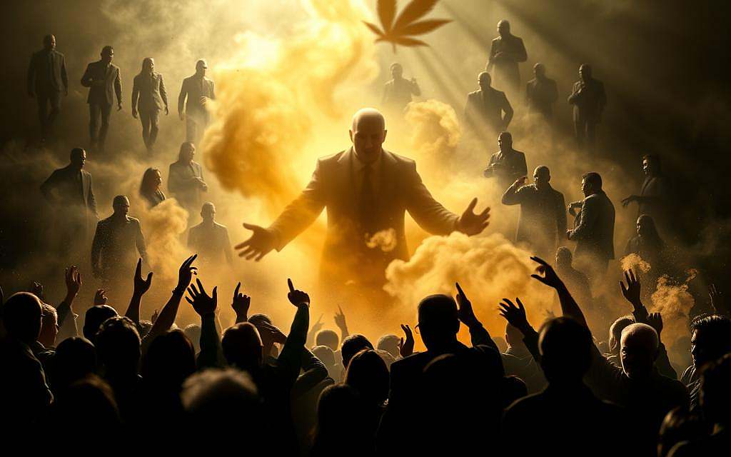 A turbulent landscape of controversy surrounding Rick Simpson Oil (RSO), a cannabis-derived treatment. In the foreground, a swirling mix of polarized opinions, with figures in silhouette debating its merits and risks. The middle ground depicts a hazy, blurred image of the oil itself, its golden hue radiating an aura of healing potential. In the background, a backdrop of imposing, shadowy authority figures looming over the scene, casting an air of uncertainty and regulatory scrutiny. Dramatic lighting casts dramatic shadows, heightening the sense of tension and unresolved questions. The overall atmosphere evokes the complex and contentious nature of this alternative treatment's place in the medical landscape.