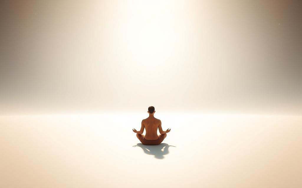 A vast, boundless expanse of pure, radiant consciousness. In the foreground, a serene, tranquil figure sits in deep meditation, their aura emanating a soft, ethereal glow. The middle ground reveals a limitless, infinite void, devoid of any discernible features or landmarks, a seamless fusion of light and space. In the distant background, celestial orbs and wisps of energy swirl and dance, creating a mesmerizing, otherworldly atmosphere. Soft, diffused lighting bathes the scene in a gentle, contemplative ambiance, inviting the viewer to lose themselves in the profound silence and stillness of the moment. A profound sense of interconnectedness and the dissolution of the individual self permeates the composition, reflecting the spiritual vision of the Vedanta philosophy.