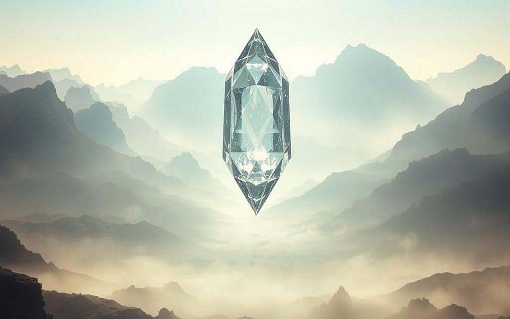 A vast, ethereal landscape where the boundaries between science and spirituality blur. In the foreground, a majestic, crystalline structure levitates, its facets refracting light in a mesmerizing display. The middle ground is shrouded in a hazy, otherworldly mist, hinting at the unseen forces that govern our existence. In the distance, towering mountains rise, their peaks piercing the veil of the unknown. The lighting is soft and diffuse, creating a sense of tranquility and contemplation. The camera angle is slightly elevated, allowing the viewer to gaze upon this enigmatic scene with a sense of wonder and curiosity. The overall mood is one of introspection, inviting the viewer to ponder the mysteries that lie beyond the limits of scientific understanding.