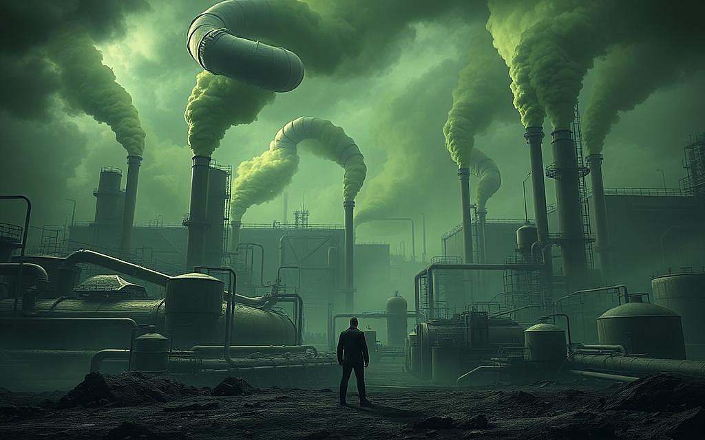 A vast, gloomy landscape dominated by a colossal, convoluted system of pipes, tanks, and machinery. Thick, toxic-looking fumes billow from the structures, casting an eerie, sickly-green hue over the scene. In the foreground, a lone, faceless figure stands amidst the chaos, their posture conveying a sense of resignation and helplessness. The background is shrouded in a hazy, oppressive atmosphere, suggesting the systemic, far-reaching consequences of collective folly. The lighting is dramatic, with stark shadows and highlights emphasizing the grim, dystopian nature of the setting. The overall composition evokes a sense of overwhelming, inescapable systemic damage caused by widespread ignorance and lack of foresight.