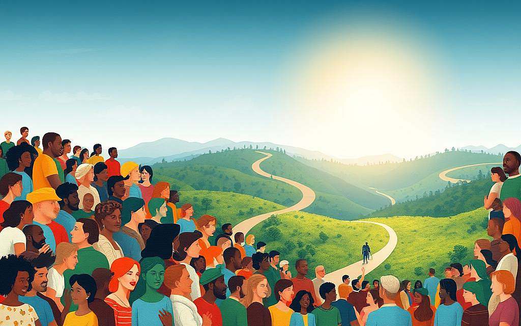 A vibrant and inclusive world, where diverse individuals come together in harmony. In the foreground, a mosaic of people from various backgrounds, ages, and abilities, united in their shared humanity. In the middle ground, intertwining paths symbolizing the interconnectedness of our stories. The background features a lush, verdant landscape, with sunlight filtering through, casting a warm, embracing glow. Soft hues of blues, greens, and earth tones create a calming, serene atmosphere, inviting the viewer to immerse themselves in the celebration of our collective identity. Elegant, minimalist design elements subtly accentuate the composition, reflecting the power of unity in diversity.