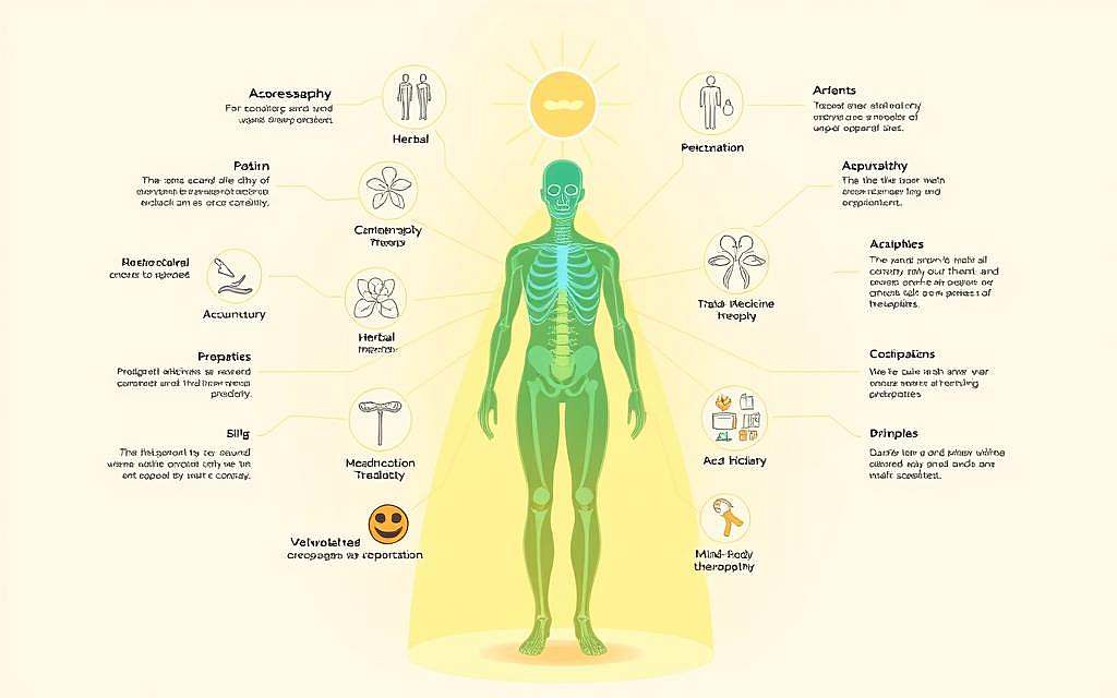 A vibrant and informative illustration depicting the comparative strengths of osteopathy in relation to other holistic healing modalities. In the foreground, a central figure representing osteopathy stands tall, surrounded by a constellation of complementary practices such as acupuncture, herbal medicine, and mind-body therapies. The background features a clean, minimalist layout with simple icons and diagrams highlighting the unique principles and applications of each method. The lighting is soft and diffused, creating a sense of balance and harmony. The overall composition conveys the integrative, evidence-based approach of osteopathic medicine, inviting the viewer to explore the nuances and synergies between these diverse healing traditions.