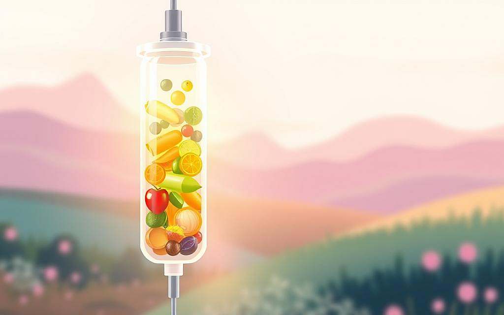 A vibrant and informative illustration depicting the health benefits of nutrient infusions. In the foreground, a glowing intravenous drip filled with a spectrum of essential vitamins and minerals, surrounded by a halo of warm, diffused lighting. In the middle ground, a stylized human figure, radiant with energy and vitality, symbolizing the rejuvenating effects of the infusion. The background features a soothing, abstract landscape of soft pastel hues, conveying a sense of balance and serenity. The overall composition exudes a serene, holistic atmosphere, showcasing the restorative power of targeted nutrient delivery for optimal health and wellness.