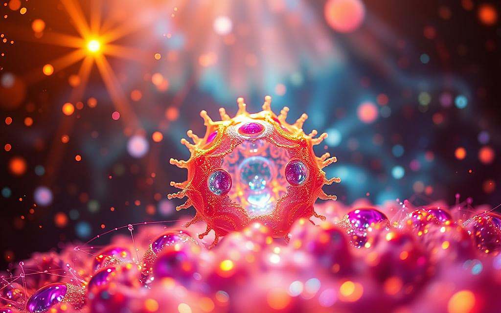 A vibrant and mesmerizing visualization of quantum biology and cellular resonance. In the foreground, a kaleidoscopic interplay of energy fields and subatomic particles, hinting at the intricate dance of life. The middle ground reveals a cellular structure, its membrane pulsing with a rhythmic harmony, as if attuned to a cosmic frequency. In the background, a shimmering backdrop of quantum entanglement, where the boundaries between matter and energy blur. Soft, warm lighting illuminates the scene, creating an atmosphere of profound tranquility and contemplation. Captured with a wide-angle lens to convey the expansive, holistic nature of this phenomena. The resulting image evokes a sense of wonder and possibility, inviting the viewer to explore the hidden depths of the living world.