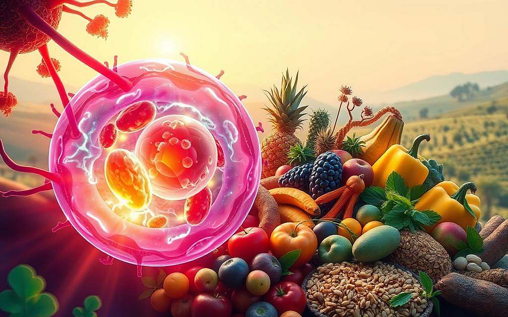 A vibrant and richly detailed illustration depicting the symbiotic relationship between cellular health and nourishing, whole-food nutrition. The foreground showcases a radiant, magnified view of a single human cell, its organelles pulsing with vibrant energy. In the middle ground, an array of colorful, freshly harvested fruits, vegetables, grains, and legumes, each item bursting with life-affirming nutrients. The background features a serene, minimalist landscape bathed in soft, diffused natural light, conveying a sense of balance, harmony, and the profound connection between the sustenance we consume and the vitality of our cellular biology. The overall mood is one of hope, health, and the power of mindful, nourishing dietary choices to support optimal cellular function and holistic wellbeing.
