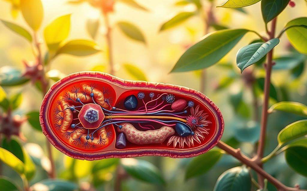 A vibrant botanical illustration showcasing the intricate structure and cellular components of the "Novosiden Immunsystem". In the foreground, a detailed cross-section reveals the intricate network of immune cells, receptors, and signaling pathways, rendered with scientific accuracy and visual elegance. The middle ground features a lush, verdant backdrop of leaves and plant matter, symbolizing the natural sources and biological origins of this vital system. Warm, diffused lighting bathes the scene, creating a sense of depth and emphasizing the delicate, organic nature of the subject matter. The overall composition is balanced and harmonious, inviting the viewer to appreciate the beauty and complexity of the human immune response on a microscopic scale.