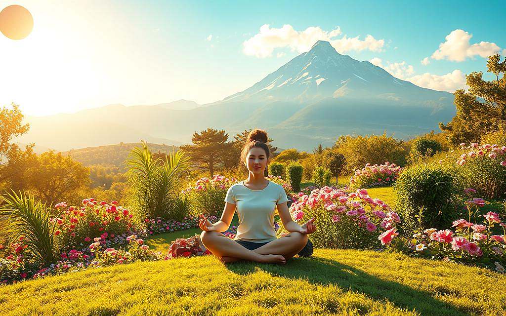 A vibrant, dreamlike landscape showcasing the resilience and emotional security of the human psyche. In the foreground, a serene figure sits cross-legged, emanating an aura of inner peace and contentment. The middle ground features a lush, verdant garden teeming with blooming flowers and thriving greenery, symbolizing the growth and healing inherent in emotional resilience. In the background, a majestic mountain range rises, its peaks capped with snow, conveying a sense of strength, stability, and the enduring power of the human spirit. The scene is bathed in a warm, golden light, creating an atmosphere of tranquility and comfort. Subtle details like soft cloud formations and a gentle breeze add to the calming, introspective mood.