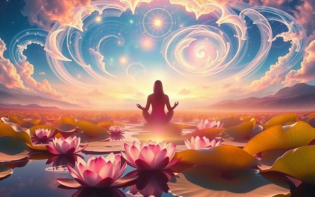 A vibrant, ethereal landscape where the concept of unity in spirituality is embodied. In the foreground, a tranquil lotus pond reflects the serene sky above, its petals radiating a soft, divine glow. In the middle ground, two figures sit in a meditative pose, their auras merging to create a harmonious energy field. The background is a vast, dreamlike expanse of swirling, celestial patterns and shimmering, translucent forms, conveying a sense of infinite interconnectedness. Warm, diffused lighting casts a warm, embracing glow over the entire scene, evoking a profound state of consciousness and the profound realization of unity within the divine.