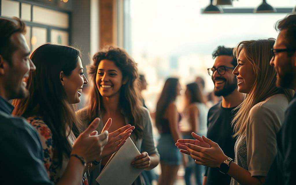 A vibrant gathering of people, their faces alight with joy and connection. In the foreground, a group of friends engage in animated conversation, their hands gesturing passionately. Warm lighting bathes the scene, creating a cozy, inviting atmosphere. The middle ground features individuals mingling, exchanging ideas and laughter, their energy palpable. In the background, a softly blurred cityscape or natural setting provides a serene backdrop, emphasizing the human connection at the heart of the image. The overall composition conveys the power of social interaction to energize and uplift, capturing the essence of the "sociable type" and their vibrant, engaging nature.