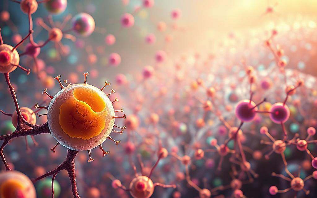 A vibrant, high-resolution digital illustration depicting the process of cellular regeneration. In the foreground, a human cell undergoing mitosis, its nucleus dividing and cytoplasm expanding. Surrounding it, a network of interconnected cells in various stages of growth, forming a pulsing, organic tapestry. In the middle ground, stem cells differentiating into specialized tissue, their multipotent nature manifested in a kaleidoscope of colors. In the background, a glowing, ethereal landscape of microscopic structures - capillaries, synapses, and mitochondria - all working in harmony to sustain the cellular symphony. Lighting is soft and diffused, creating a serene, contemplative atmosphere that invites the viewer to marvel at the intricate machinery of life.