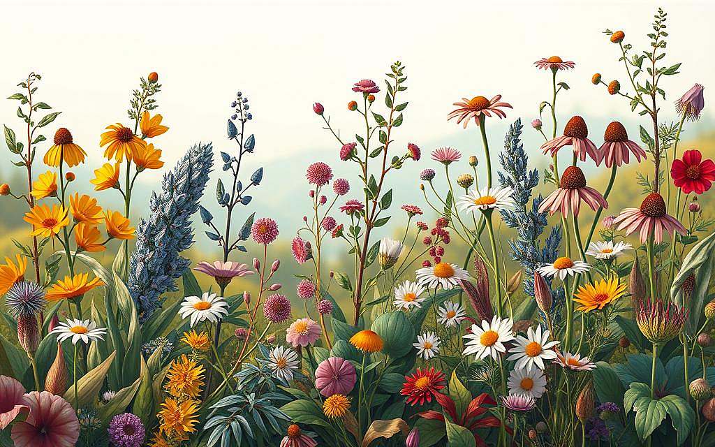 A vibrant, intricately detailed illustration showcasing the intricate interactions between various medicinal plants. In the foreground, a richly colored array of leaves, flowers, and stems from plants like ginkgo biloba, hawthorn, sage, chamomile, and echinacea intertwine, creating a dynamic, organic composition. In the middle ground, these plants are depicted in various states of growth, highlighting their complex relationships and interdependencies. The background features a softly blurred, ethereal landscape, providing a serene and contemplative setting. The lighting is natural and diffused, casting gentle shadows and highlighting the textures and hues of the botanical elements. The overall atmosphere evokes a sense of balance, harmony, and the delicate yet profound connections within the world of healing plants.