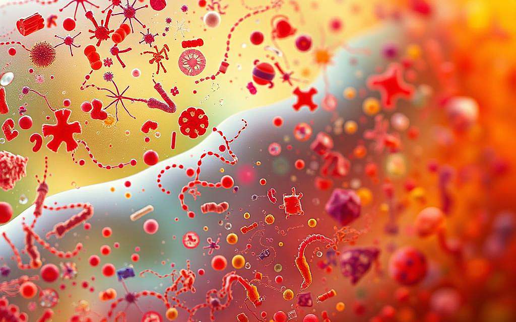 A vibrant, macro-level view of the human skin's microbiome, showcasing a diverse array of microorganisms in a harmonious, symbiotic balance. The foreground depicts a vivid mosaic of bacteria, fungi, and probiotics, each represented by unique geometric shapes and vibrant colors. The middle ground presents a softly blurred, translucent layer of skin, hinting at the intricate interconnectedness between the microbiome and the epidermis. In the background, a serene, natural landscape of soothing greens and blues, representing the overall health and equilibrium of the skin's microbial ecosystem. Warm, diffused lighting illuminates the scene, creating a sense of balance, vitality, and the inherent beauty of the skin's delicate microbial network.