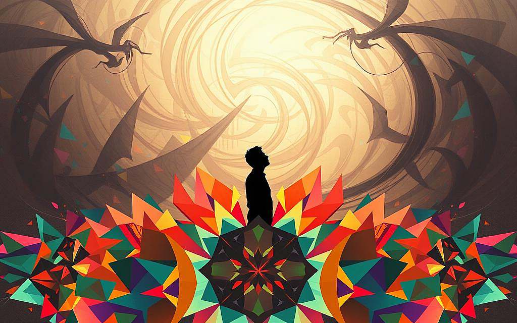 A vibrant, modernist interpretation of the phenomenology of the human sciences. In the foreground, a kaleidoscope of abstract geometric shapes and interlocking patterns, representing the multifaceted nature of human consciousness and experience. The middle ground features a silhouetted figure, deep in contemplation, symbolizing the subjective, first-person perspective at the heart of phenomenology. In the background, a dynamic, swirling backdrop of muted colors and ethereal forms, evoking the elusive, ever-changing nature of phenomena. Soft, diffused lighting casts a contemplative, introspective mood, while the composition is balanced and harmonious, conveying the holistic, interdisciplinary approach of phenomenology in the modern world.