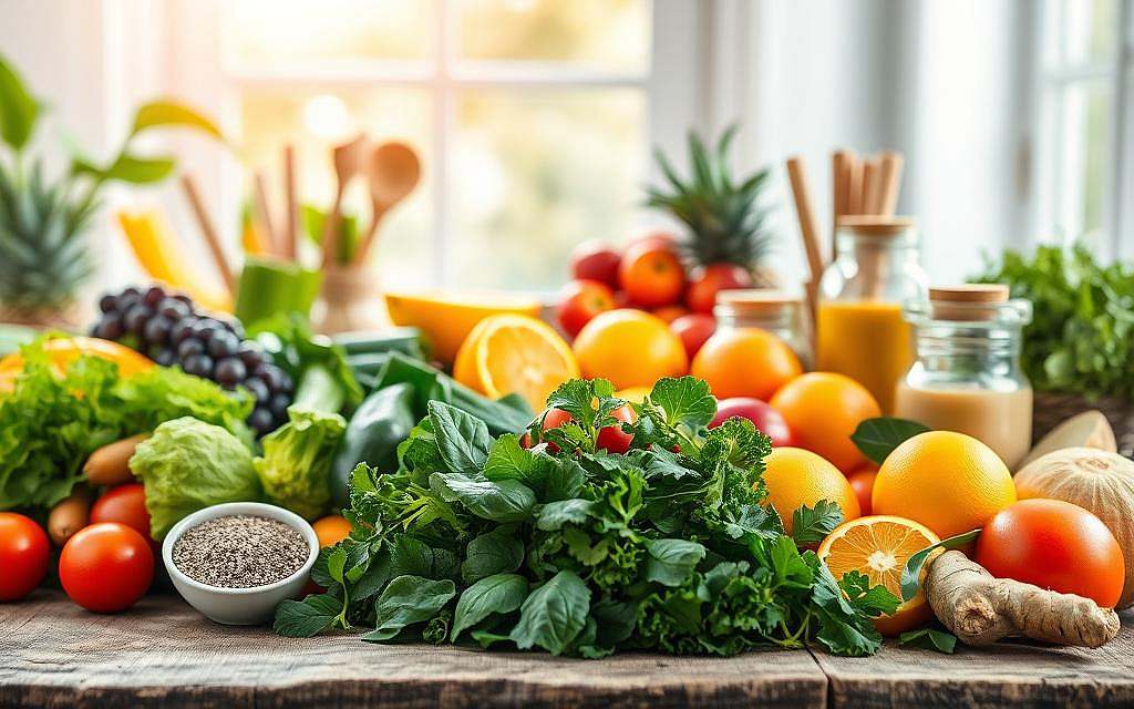 A vibrant, naturally-lit scene showcasing an array of fresh, whole food ingredients for healthy "detox" recipes. In the foreground, an assortment of leafy greens, vibrant vegetables, and citrus fruits are artfully arranged on a rustic wooden surface. The middle ground features various superfoods and supplements, such as chia seeds, turmeric, and ginger, in glass jars and bowls. The background has a bright, airy ambiance with a blurred window or skylight, casting a warm, golden glow over the scene. The overall composition conveys a sense of purity, nourishment, and vitality, perfectly capturing the essence of "Detox-Rezepte" for optimal health and wellness.
