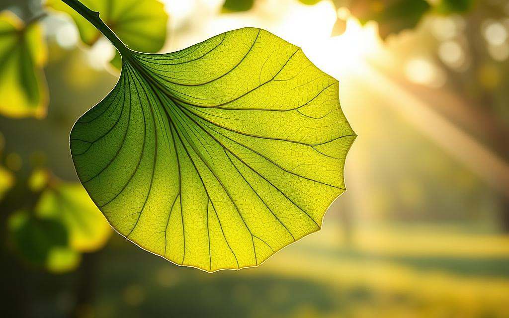 A vibrant, photorealistic image of a Ginkgo Biloba leaf, showcasing its intricate venation and lush green hues. The leaf is backlit, creating a glowing, translucent effect that highlights the delicate, fan-shaped structure. The background is a soft, blurred landscape, with hints of sunlight filtering through, evoking a serene, meditative atmosphere. The composition emphasizes the leaf's central position, drawing the viewer's attention to its natural beauty and the potential for improved blood flow and cognitive function associated with this ancient, revered plant.