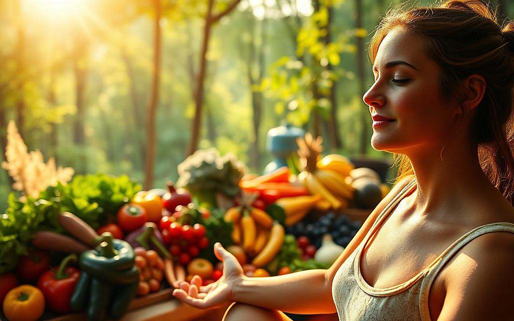 A vibrant, photorealistic image of a healthy lifestyle and its impact on the immune system. In the foreground, a person engages in a serene yoga pose, their face radiant with inner peace. The middle ground showcases a bountiful, organic produce display, vibrant colors and textures inspiring a nutritious diet. In the background, a tranquil, sun-dappled forest scene conveys the importance of reconnecting with nature. Warm, golden lighting casts a soft glow, emphasizing the holistic harmony between mind, body, and environment. Crisp, high-resolution details capture the intricate connections between lifestyle choices and a robust, resilient immune system.