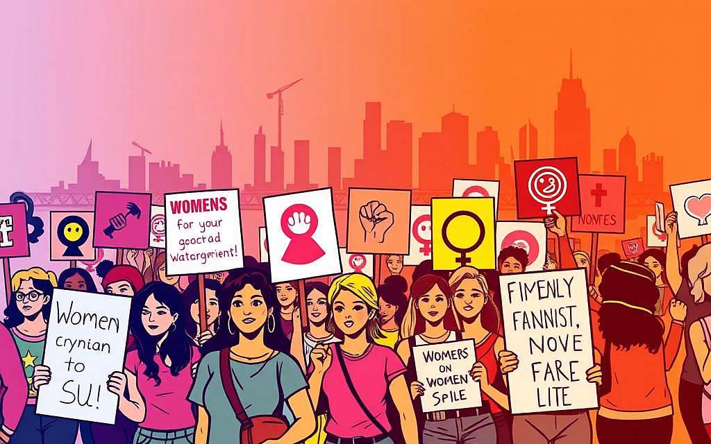A vibrant scene of feminist activism, captured in a dynamic interplay of colors and shapes. In the foreground, a group of diverse individuals march with signs and banners, their expressions resolute and determined. The middle ground features an array of symbolic imagery, such as fists raised in solidarity, women's symbols, and slogans emblazoned on clothing. In the background, a city skyline serves as a backdrop, hinting at the larger sociopolitical context. The lighting is warm and energizing, casting a sense of urgency and momentum. The composition is balanced, with a sense of movement and unity, conveying the collective power of the feminist movement.