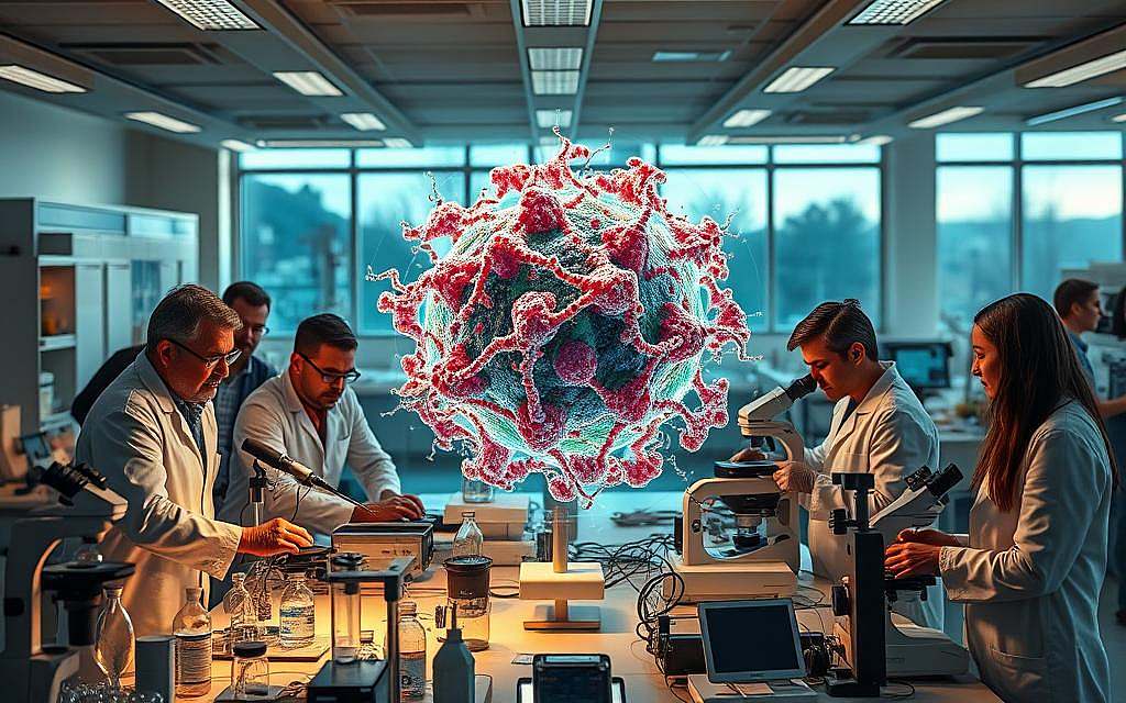 A vibrant scientific collaboration between diverse disciplines, showcased in a well-lit laboratory setting. In the foreground, scientists from biology, chemistry, and computational fields work together, surrounded by state-of-the-art equipment and microscopes. The middle ground features a holographic projection of a detailed 3D cellular model, illuminating the interconnected nature of cellular processes. The background depicts a panoramic view of the laboratory, with windows offering glimpses of the natural world outside, highlighting the integration of scientific inquiry and holistic understanding. The overall mood is one of intellectual curiosity, multidisciplinary synergy, and the pursuit of a comprehensive, systems-level comprehension of cellular biology.