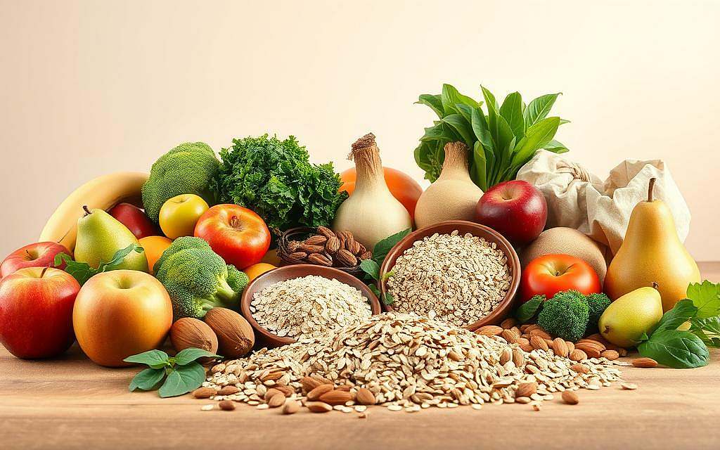 A vibrant still life composition showcasing an assortment of high-fiber whole foods. In the foreground, a variety of fresh fruits and vegetables such as apples, pears, broccoli, and leafy greens are arranged artfully. In the middle ground, a selection of whole grains, nuts, and seeds, including oats, quinoa, flaxseeds, and almonds, are scattered across a wooden table. The background features a neutral, softly lit environment, emphasizing the natural colors and textures of the ingredients. The lighting is soft and diffused, creating a warm, inviting atmosphere that highlights the nutritional richness of these fiber-rich foods. The overall composition conveys the idea of a balanced, wholesome diet that supports digestive health.