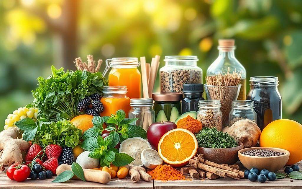 A vibrant still life featuring a diverse array of natural, organic ingredients that exemplify modern complementary medicine and nutritional concepts. In the foreground, an assortment of fresh fruits and vegetables, including leafy greens, berries, citrus, and root vegetables, arranged with care and attention to color and texture. In the middle ground, an array of holistic medicinal herbs, spices, and supplements, such as ginger, turmeric, ashwagandha, and spirulina, presented in glass jars and ceramic bowls. The background showcases a serene, natural setting, with soft, diffused lighting casting a warm, inviting glow over the scene. The overall mood is one of wellness, balance, and a deep appreciation for the nourishing power of wholesome, natural ingredients.