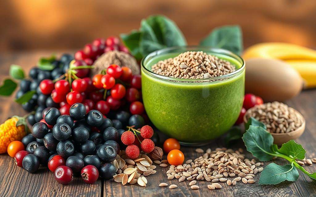 A vibrant still life of an array of superfoods, artfully arranged on a rustic wooden table. In the foreground, a cluster of jewel-toned berries - deep purple acai, ruby-red goji, and vibrant golden-orange sea buckthorn. Surrounding them, a scatter of emerald-green spirulina tablets, creamy-white chia seeds, and crunchy raw cacao nibs. In the middle ground, a vibrant green smoothie bowl, topped with a sprinkle of nutrient-dense superfoods - vibrant kale leaves, earthy maca powder, and nutrient-dense hemp hearts. Warm, natural lighting filters through the scene, casting a soft, golden glow and highlighting the vivid colors and textures of these powerful, wholesome ingredients. The overall mood is one of health, vitality, and nourishment.