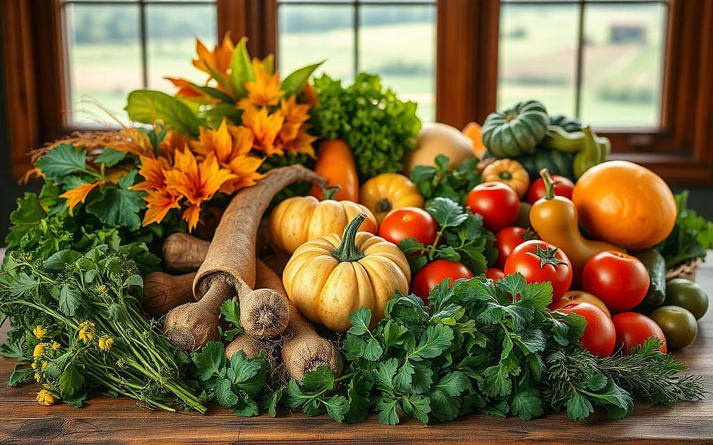A vibrant still life of seasonal produce, artfully arranged on a rustic wooden table. Crisp autumn leaves, earthy roots, and colorful squash burst with natural vitality. Soft, diffused lighting casts a warm glow, highlighting the texture and rich hues of the ingredients. In the foreground, a variety of fresh herbs, their green stems and delicate flowers adding a fragrant touch. In the middle ground, plump tomatoes, juicy apples, and an array of leafy greens. The background features a window overlooking a bucolic countryside scene, further emphasizing the connection to the land. The composition conveys a sense of abundance, nourishment, and the essence of seasonal, locally-sourced produce.