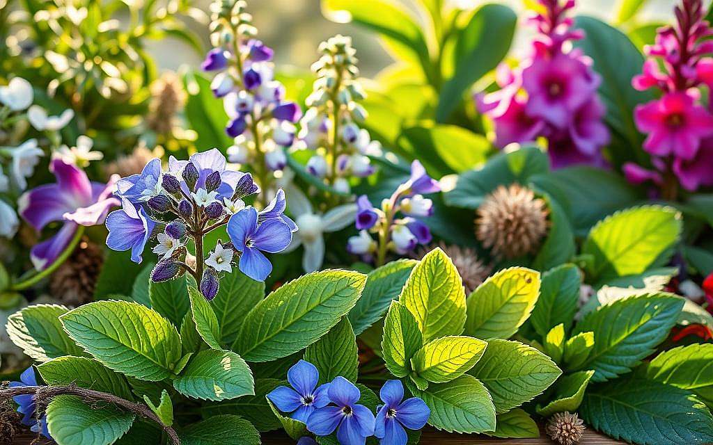 A vibrant still life showcasing an array of healing plants in the field of nutritional medicine. In the foreground, a bundle of lush, green borage leaves and bright blue borage flowers take center stage, their delicate petals catching the warm, golden light. In the middle ground, clusters of periwinkle blossoms and serene green leaves of the lesser periwinkle plant sit alongside the broad, textured leaves of comfrey. In the background, the broad, fleshy leaves of butterbur and the striking purple-pink blooms of kava kava create a lush, verdant tableau. The scene is bathed in a soft, natural lighting, highlighting the vivid colors and intricate details of these medicinal wonders.
