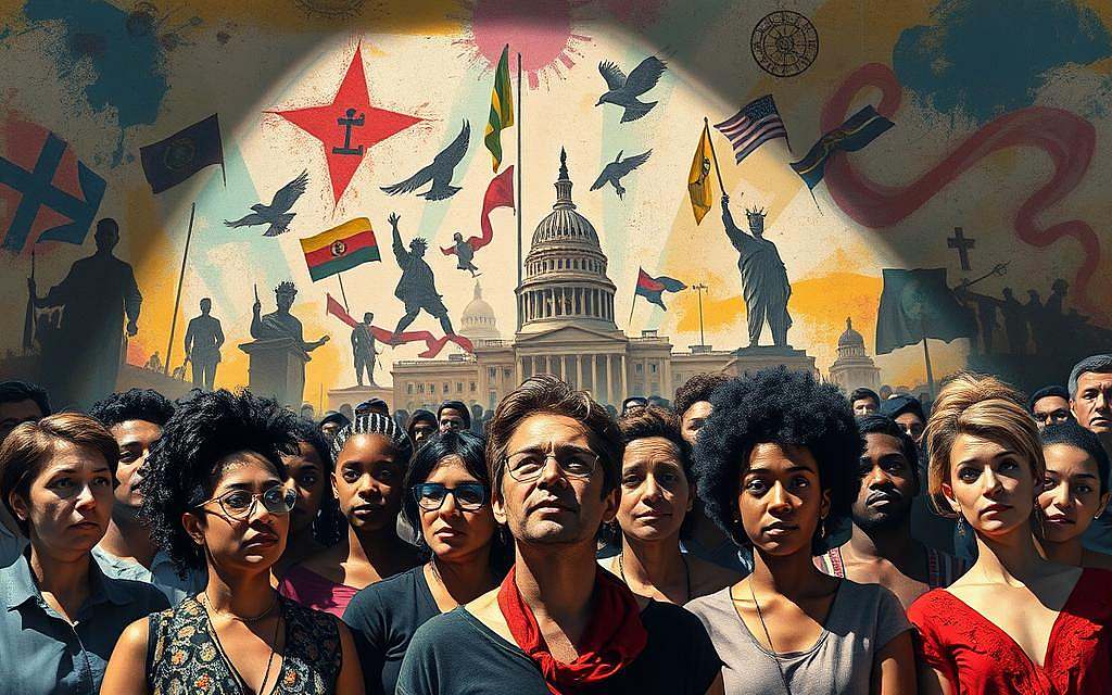 A vibrant, thought-provoking scene depicting the intersection of politics and identity. In the foreground, a diverse group of individuals, their faces a mosaic of emotions - contemplation, defiance, yearning - stands united, their identities intertwined with the political landscape they navigate. In the middle ground, abstract shapes and symbols representing political ideologies, institutions, and power dynamics swirl and clash, casting shadows that both empower and constrain the central figures. The background is a vivid, impressionistic tapestry of colors and textures, hinting at the ever-changing, multifaceted nature of the world they inhabit. Dramatic lighting casts dramatic shadows, amplifying the sense of tension and dynamism. Captured through a wide-angle lens, the scene conveys a sense of immersion, inviting the viewer to ponder the complex relationship between the personal and the political.