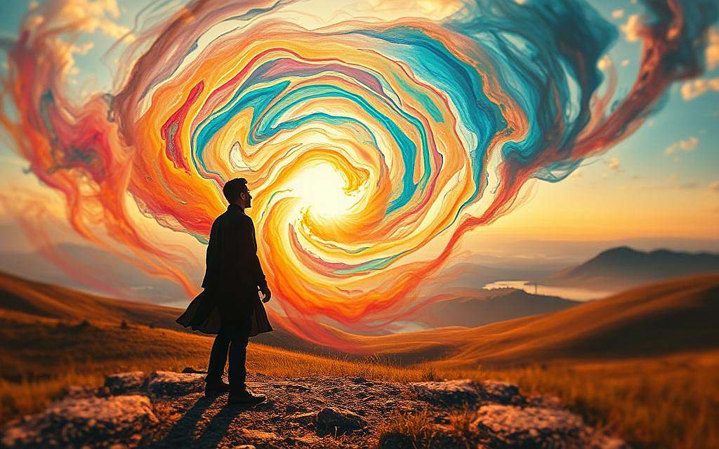 A vibrant, transformative landscape unfolds, where the boundaries between reality and possibility blur. In the foreground, a figure emerges, shedding layers of the old self, its silhouette casting a captivating shadow. The middle ground is a swirling vortex of energy, hues, and shapes, symbolizing the process of inner change. In the background, a distant horizon beckons, its warm, golden light casting a dreamlike glow, signifying the promise of a new, realized self. Soft, diffused lighting illuminates the scene, creating a sense of wonder and transformation. Captured through a wide-angle lens, the composition invites the viewer to step into this transformative moment and embark on their own journey of self-discovery.