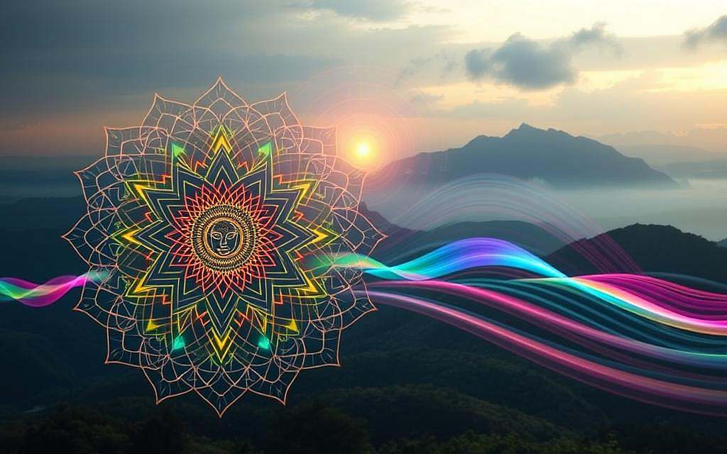 A visually striking depiction of the principles of frequency and vibration medicine. In the foreground, an intricate mandala-like pattern pulses with vibrant, holistic energies, representing the interconnectedness of the body's systems. The middle ground features a human figure in a meditative pose, surrounded by undulating waves of colorful, harmonic frequencies. In the background, a serene and atmospheric landscape showcases the natural world's inherent rhythms and resonances, suggesting the profound links between the microcosm of the body and the macrocosm of the universe. Rendered with a dreamlike, ethereal quality, the image conveys the profound insights and practical applications of frequency-based healing modalities. Soft, diffuse lighting and a balanced, harmonious color palette evoke a sense of tranquility and well-being.