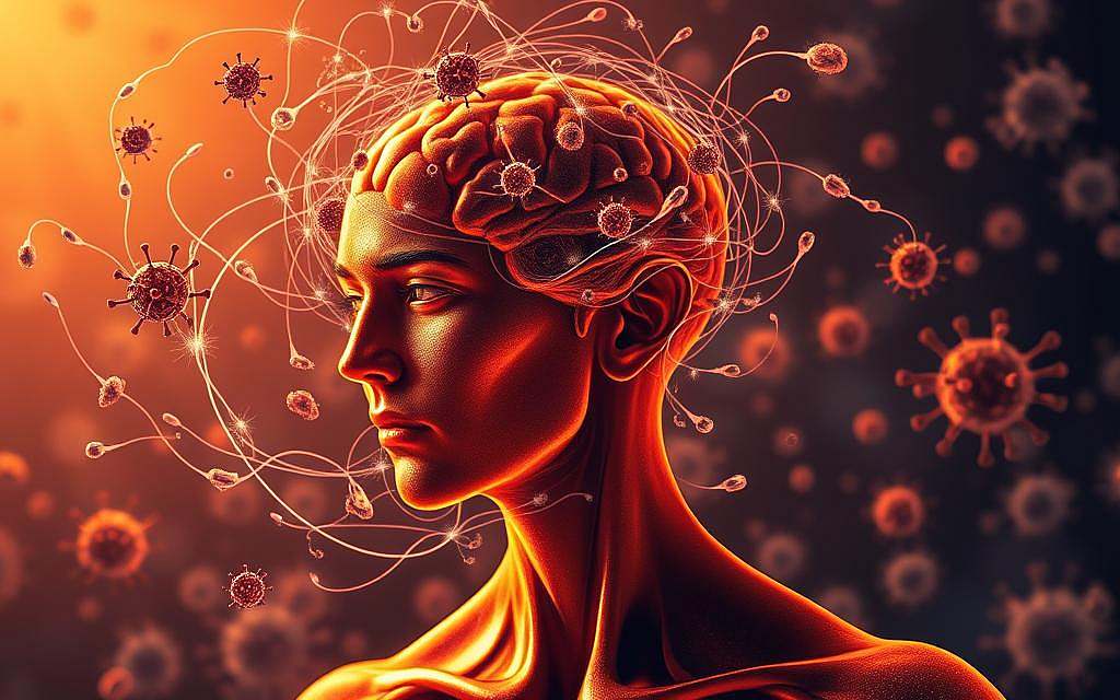 A vivid depiction of the complex interplay between emotions and the immune system. In the foreground, a figure representing the human mind, their features shifting with a range of emotive expressions. Swirling around them, streams of energy and information, visualizing the neural pathways and biochemical signals that connect the brain to the body's defenses. In the background, a stylized representation of the immune system, with cells, antibodies, and other protective mechanisms engaged in a dynamic dance. The scene is bathed in a warm, amber-hued lighting, evoking a sense of introspection and the unseen forces at work within us. Captured with a cinematic, wide-angle lens to convey the grand scale of this fundamental mind-body connection.