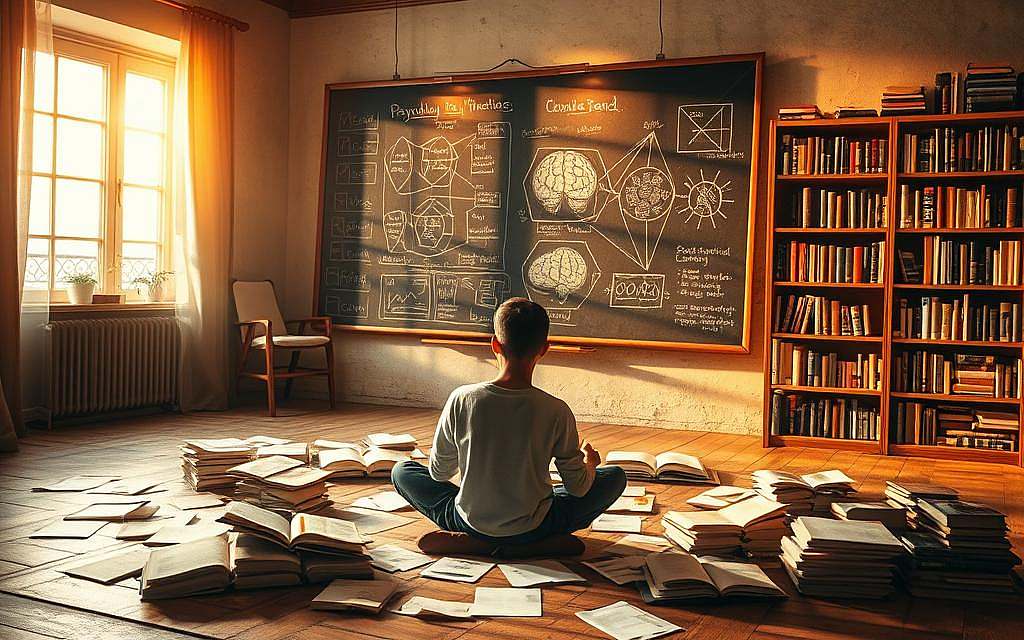 A warm, contemplative scene depicting the psychological perspectives of hermeneutics. In the foreground, a person sits cross-legged, deep in thought, surrounded by open books and scattered papers. Soft, golden light filters through a window, creating a pensive atmosphere. In the middle ground, a large chalkboard displays intricate diagrams and theoretical frameworks, hinting at the intellectual depth of the subject. The background features a bookshelf filled with volumes on psychology, philosophy, and the humanities, establishing a scholarly, introspective setting. The overall tone evokes a sense of understanding, introspection, and the pursuit of meaning.