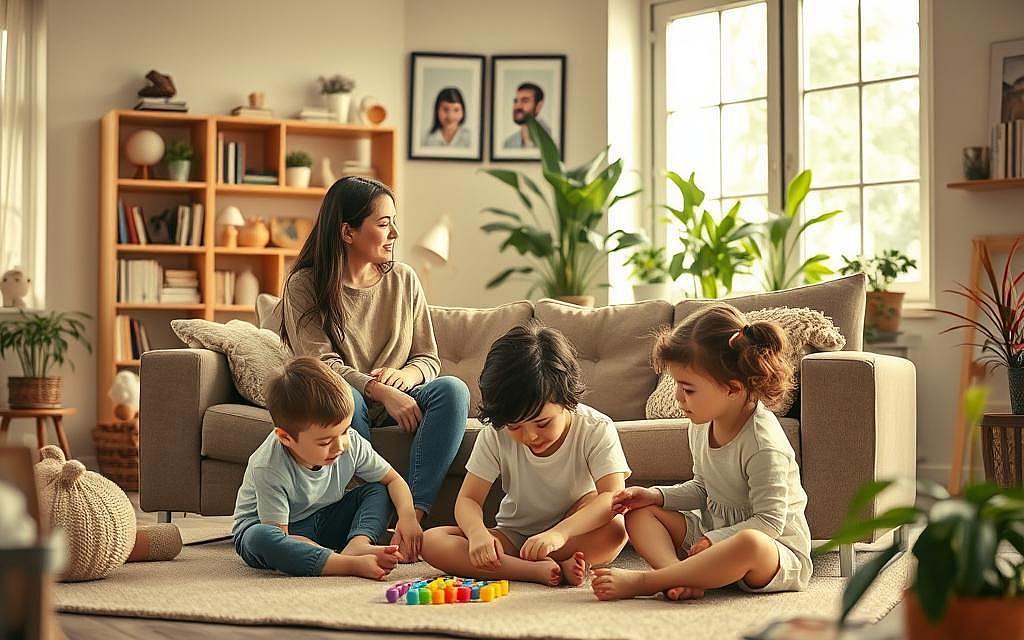 A warm, harmonious family portrait set in a cozy, inviting living room. In the foreground, a mother and father sit together on a plush sofa, their faces turned towards each other in deep conversation. Their children, a young boy and girl, play quietly on the floor at their feet, engrossed in their own imaginative world. Soft, natural lighting filters in through large windows, casting a gentle glow over the scene. The room is filled with personal touches - bookshelves, family photos, and vibrant house plants - creating a sense of intimacy and belonging. The overall atmosphere conveys a sense of closeness, understanding, and the complex emotional dynamics that shape a family's psychology.