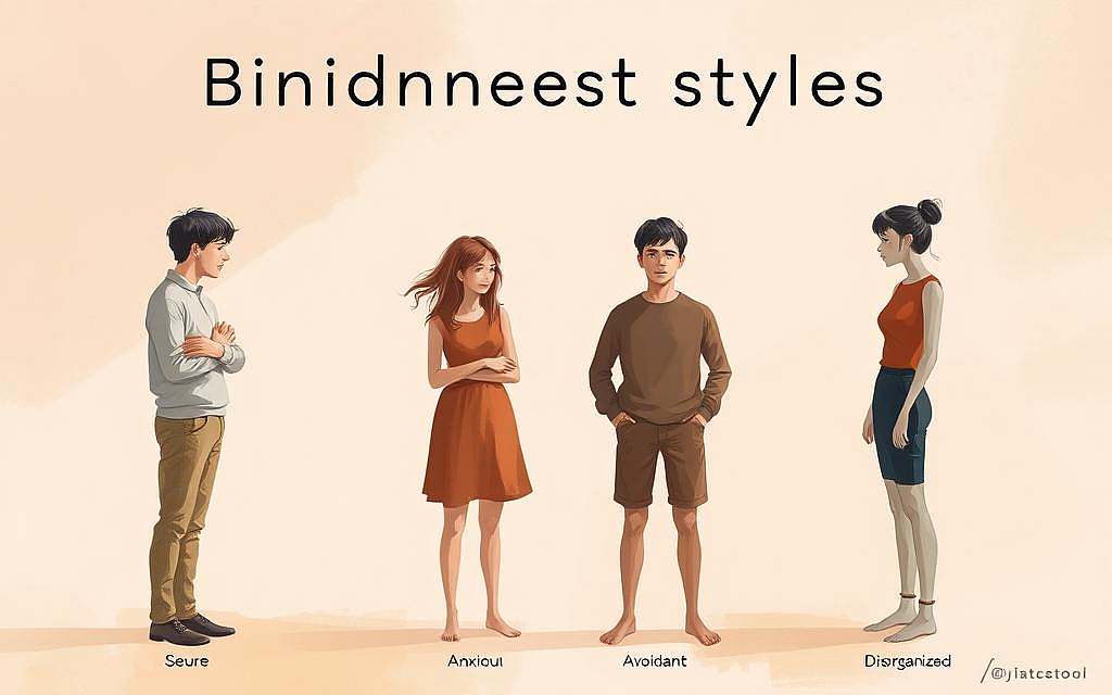 A warm, introspective illustration of four distinct attachment styles - secure, anxious, avoidant, and disorganized. The central figures stand in thoughtful poses, their body language and facial expressions conveying the essence of each attachment pattern. Soft, muted tones create an atmosphere of self-reflection, while the background blends abstract shapes and textures that subtly reference psychological concepts. Gentle lighting highlights the subjects, guiding the viewer's attention to the nuances of human connection. Rendered with a painterly, expressive aesthetic to capture the emotional weight of the Bindungstheorie.